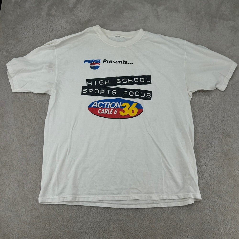 VTG 90s Pepsi High School Sports Focus Action Cable 6 Shirt Mens Large White